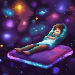 A man lying on a simple mattress made of dark, pixelated realistic galaxies