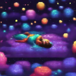 A man lying on a simple mattress made of dark, pixelated realistic galaxies