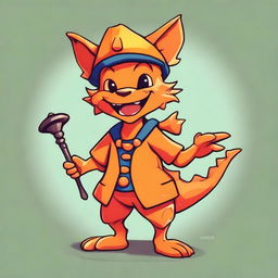 A cute orange draconic kobold, smiling and dressed as a bell hop