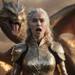 A realistic depiction of an enraged Daenerys Targaryen in glimmering golden armor, with a formidable dragon in the backdrop