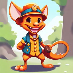 A cute orange draconic kobold, smiling and dressed as a bell hop