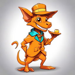 A cute orange draconic kobold, smiling and dressed as a bell hop