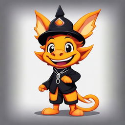 A smiling orange draconic kobold dressed in a black bell hop uniform