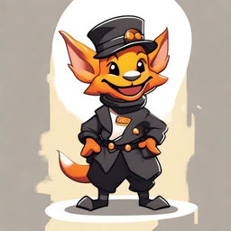 A smiling orange draconic kobold dressed in a black bell hop uniform