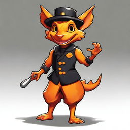 A smiling orange draconic kobold dressed in a black bell hop uniform