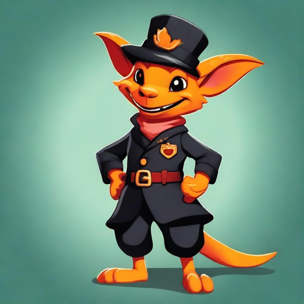 A smiling orange draconic kobold dressed in a black bell hop uniform