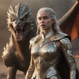 A realistic depiction of an enraged Daenerys Targaryen in glimmering golden armor, with a formidable dragon in the backdrop