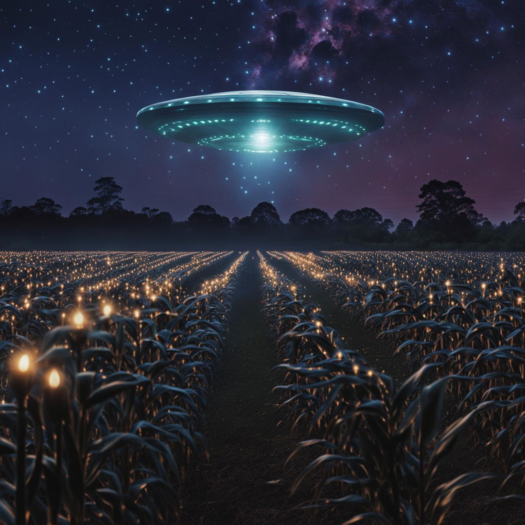 A high-resolution image of a metallic, disc-shaped UFO with glowing lights hovering above a cornfield at dusk, intended for a sci-fi documentary poster