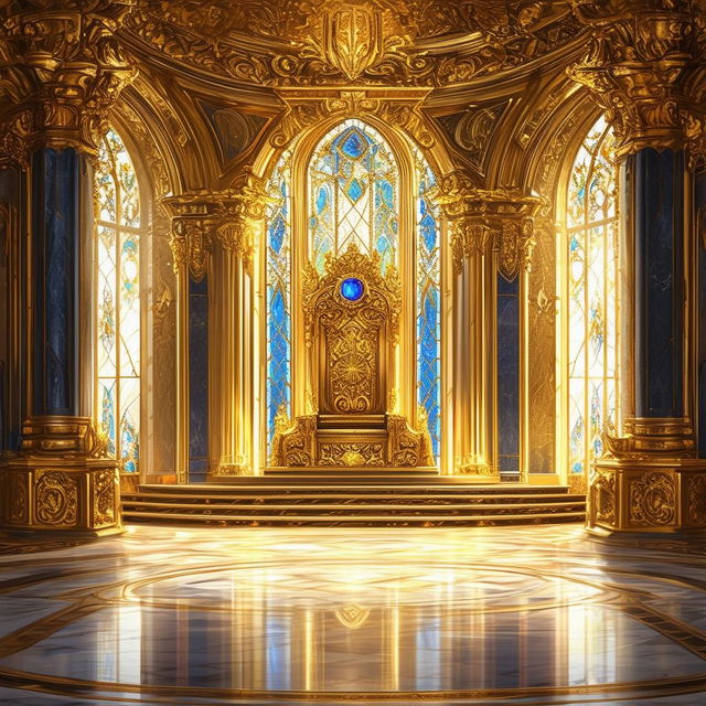 A detailed digital painting of a grand royal throne room for a fantasy novel cover, featuring golden accents, stained glass windows, polished marble floors, and a magnificent gem-encrusted throne