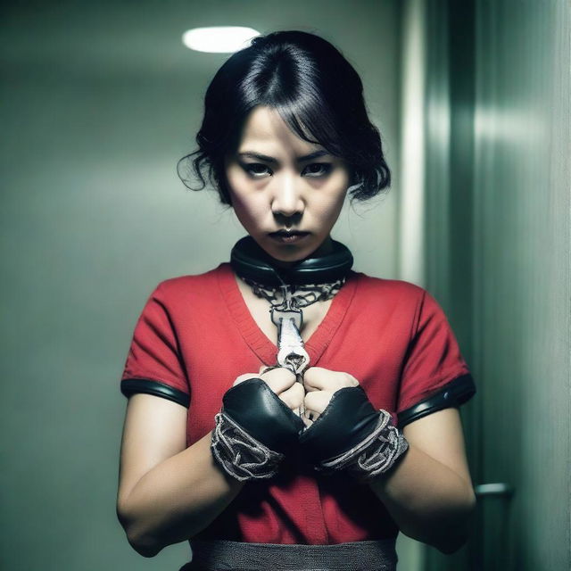 An Asian woman wearing medical gloves and stockings, with her hands handcuffed and chained