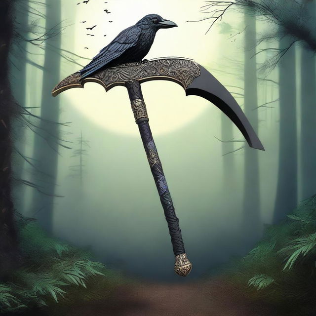 A beautifully crafted scythe with a raven theme, featuring intricate feather details along the handle and blade