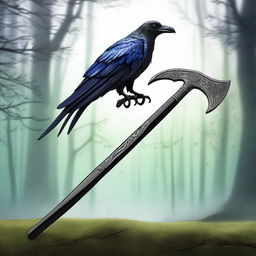 A beautifully crafted scythe with a raven theme, featuring intricate feather details along the handle and blade