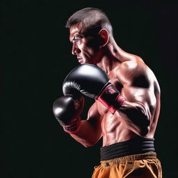 A powerful kickboxer in a dynamic fighting stance against a solid black background