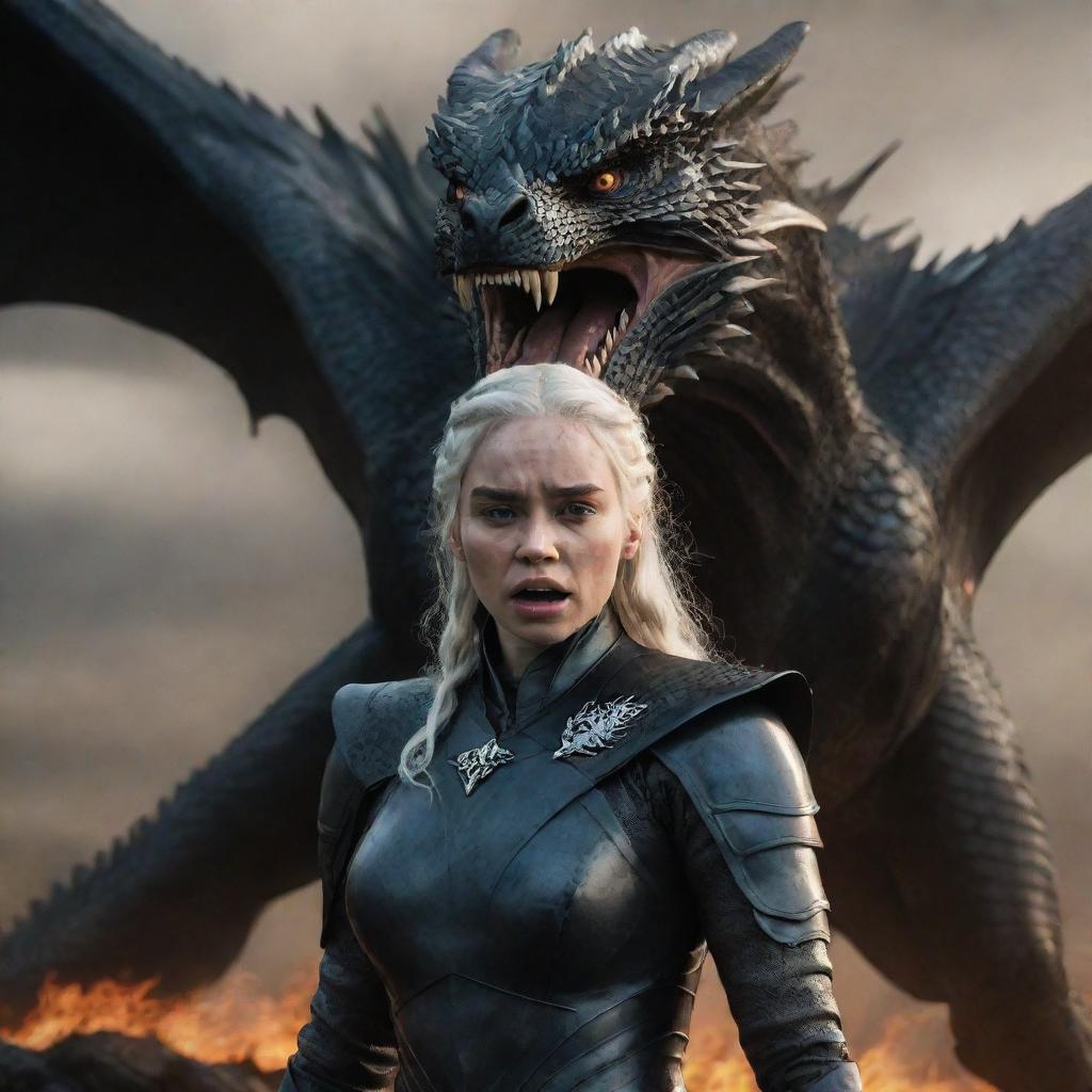 Realistic portrayal of an enraged Daenerys Targaryen clad in an obsidian armor, with a fierce dragon looming in the background