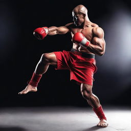 A powerful kickboxer in a dynamic fighting stance against a solid black background