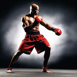 A powerful kickboxer in a dynamic fighting stance against a solid black background