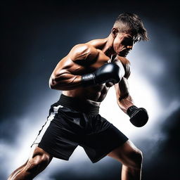 A powerful kickboxer in a dynamic fighting stance against a solid black background