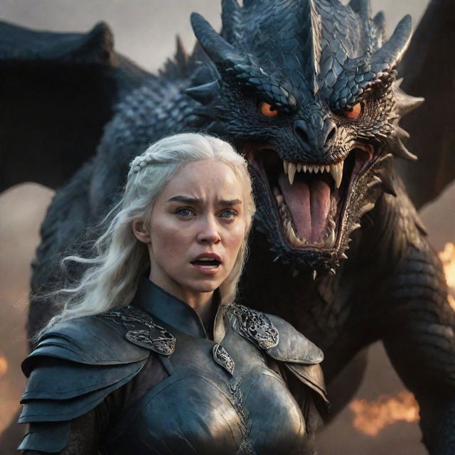 Realistic portrayal of an enraged Daenerys Targaryen clad in an obsidian armor, with a fierce dragon looming in the background