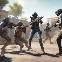 A group of players intensely engaged in a PUBG game on a virtual battleground