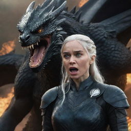 Realistic portrayal of an enraged Daenerys Targaryen clad in an obsidian armor, with a fierce dragon looming in the background