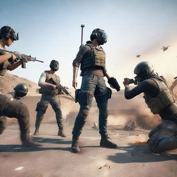 A group of players intensely engaged in a PUBG game on a virtual battleground