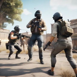 A group of players intensely engaged in a PUBG game on a virtual battleground