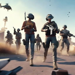 A group of players intensely engaged in a PUBG game on a virtual battleground