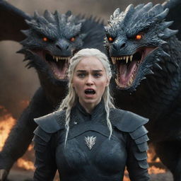 Realistic portrayal of an enraged Daenerys Targaryen clad in an obsidian armor, with a fierce dragon looming in the background