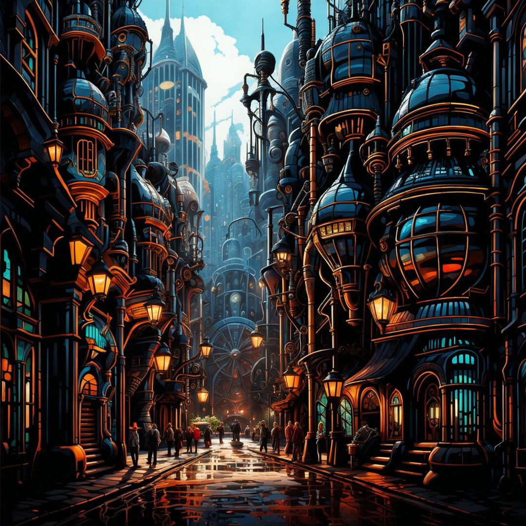 A sprawling metropolis blending cyberpunk and steampunk elements, featuring skyscrapers with brass gears, neon lights, airships, and citizens in mixed attire