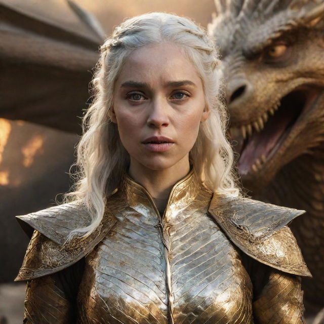 Realistic depiction of a furious Daenerys Targaryen adorned in shiny golden armor, with a majestic dragon in the backdrop