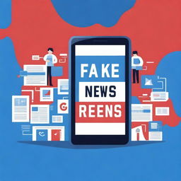 A modern ebook cover about fake news, featuring social media icons and news symbols