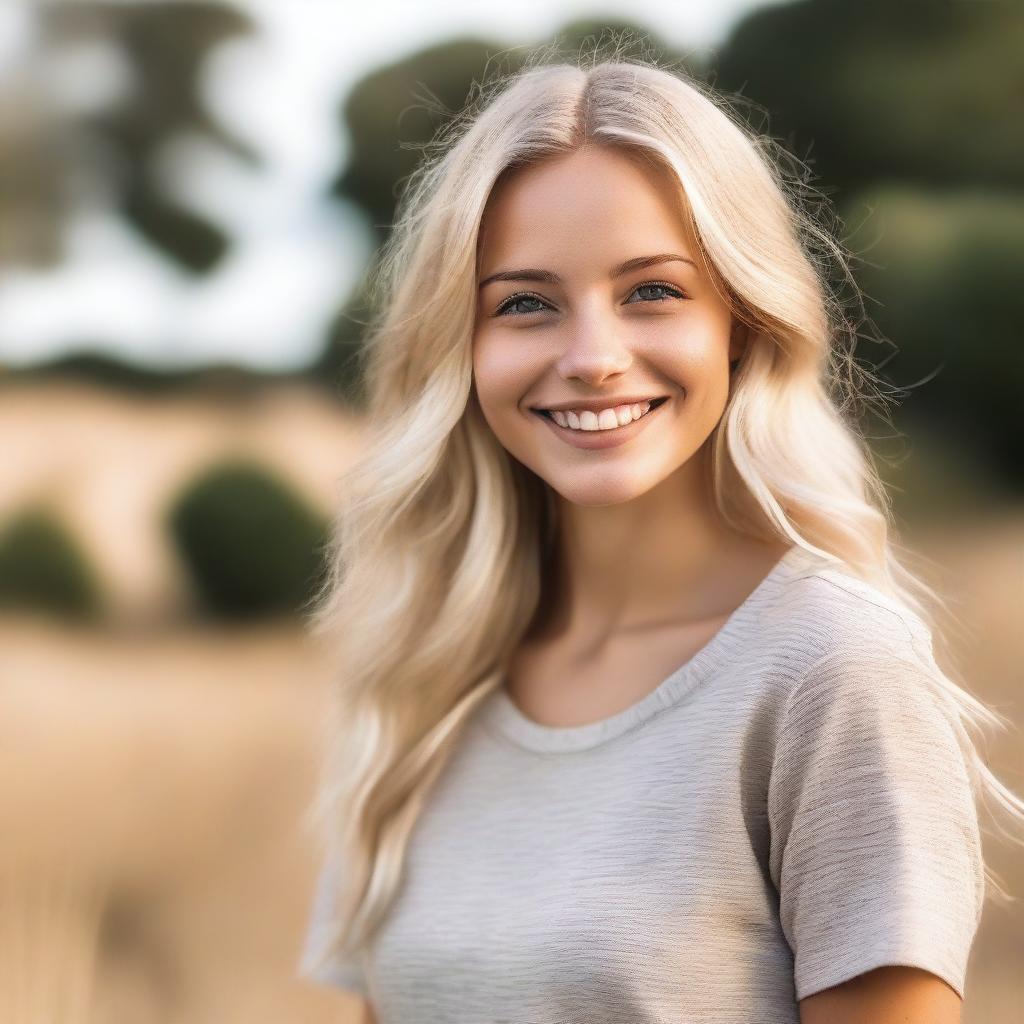 A beautiful blonde girl with striking features, wearing casual yet stylish clothing, standing in a picturesque outdoor setting with a warm and inviting smile