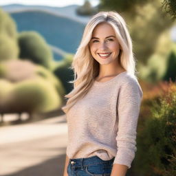 A beautiful blonde girl with striking features, wearing casual yet stylish clothing, standing in a picturesque outdoor setting with a warm and inviting smile