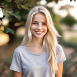 A beautiful blonde girl with striking features, wearing casual yet stylish clothing, standing in a picturesque outdoor setting with a warm and inviting smile