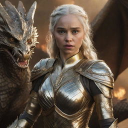 Realistic depiction of a furious Daenerys Targaryen adorned in shiny golden armor, with a majestic dragon in the backdrop