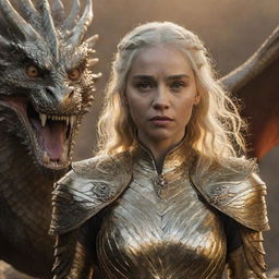 Realistic depiction of a furious Daenerys Targaryen adorned in shiny golden armor, with a majestic dragon in the backdrop