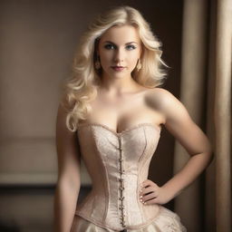 A stunning blonde woman wearing a stylish corset, posing confidently