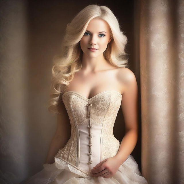 A stunning blonde woman wearing a stylish corset, posing confidently