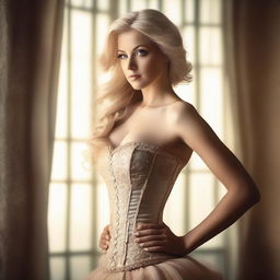 A stunning blonde woman wearing a stylish corset, posing confidently