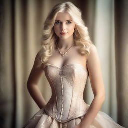 A stunning blonde woman wearing a stylish corset, posing confidently