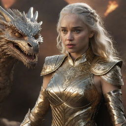 Realistic depiction of a furious Daenerys Targaryen adorned in shiny golden armor, with a majestic dragon in the backdrop