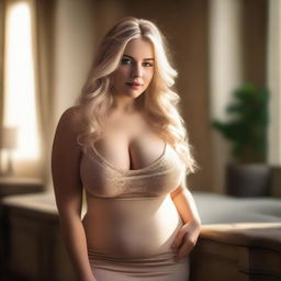 A stunning blonde woman with a voluptuous figure, wearing a tight outfit that accentuates her curves