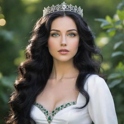 White princess with lush green eyes and long, wavy black hair. She is posed regally, radiating an aura of majesty and grace.