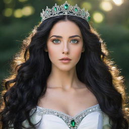 White princess with lush green eyes and long, wavy black hair. She is posed regally, radiating an aura of majesty and grace.