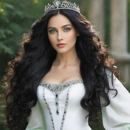 White princess with lush green eyes and long, wavy black hair. She is posed regally, radiating an aura of majesty and grace.