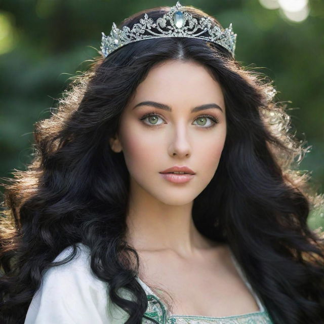 White princess with lush green eyes and long, wavy black hair. She is posed regally, radiating an aura of majesty and grace.