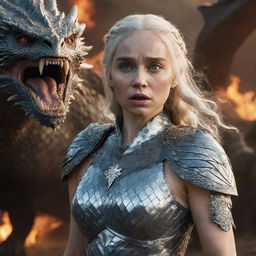 A realistic portrayal of Daenerys Targaryen in her rage, arrayed in dazzling diamond armor, with a fierce dragon in the background