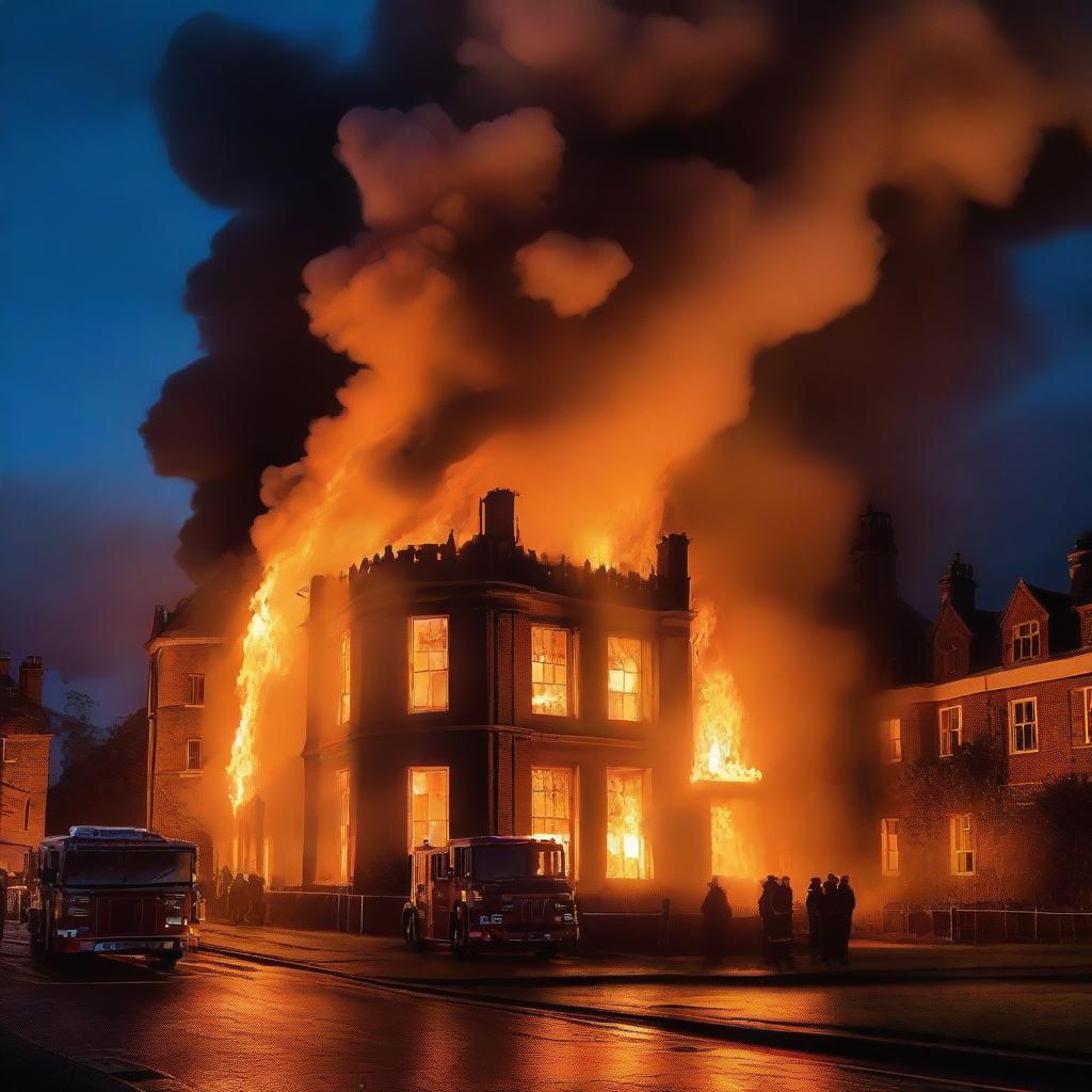 A dramatic scene of Hurstpierpoint College engulfed in flames, with firefighters battling the blaze