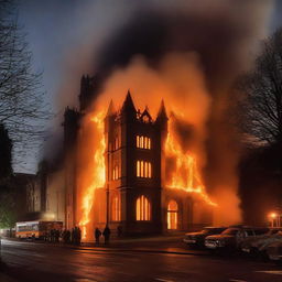 A dramatic scene of Hurstpierpoint College engulfed in flames, with firefighters battling the blaze