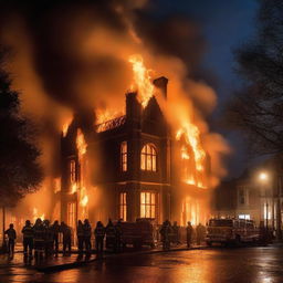 A dramatic scene of Hurstpierpoint College engulfed in flames, with firefighters battling the blaze